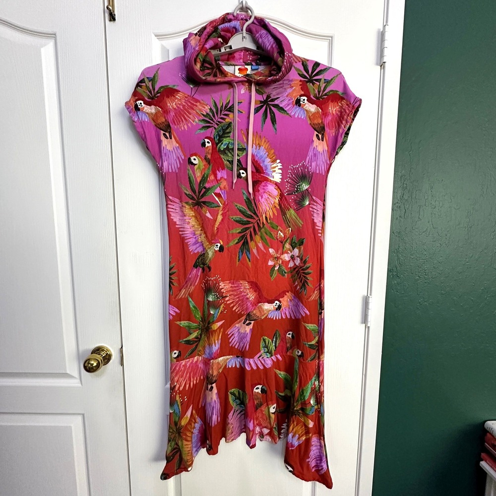 Farm Rio Hooded Sweatshirt Tunic Dress Macaw Small Tropical Boho Cozy Maximalist - Picture 9 of 10